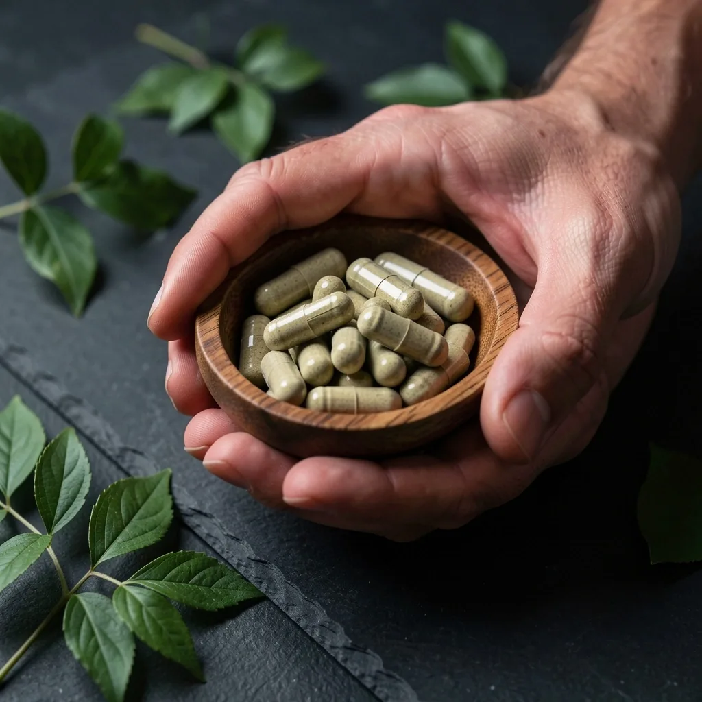 Natural supplement capsules in a wooden bowl