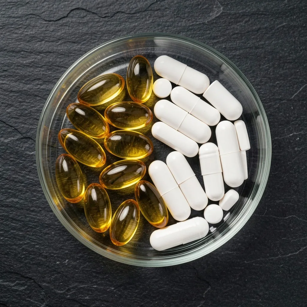 Natural supplement capsules arranged for editorial review