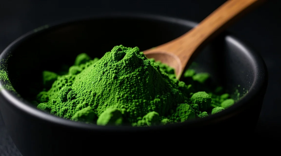 Green powder in dark bowl