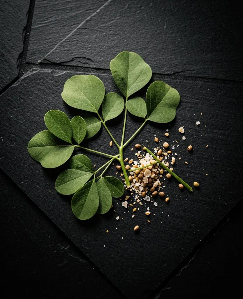 Botanical ingredients on dark surface