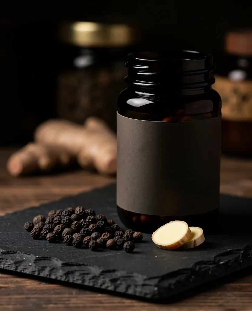 Botanical supplement ingredients on a dark surface