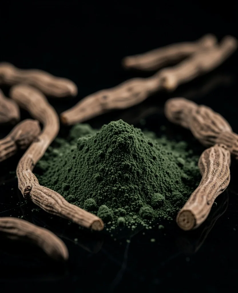 Botanical root powder and dried roots on a dark surface