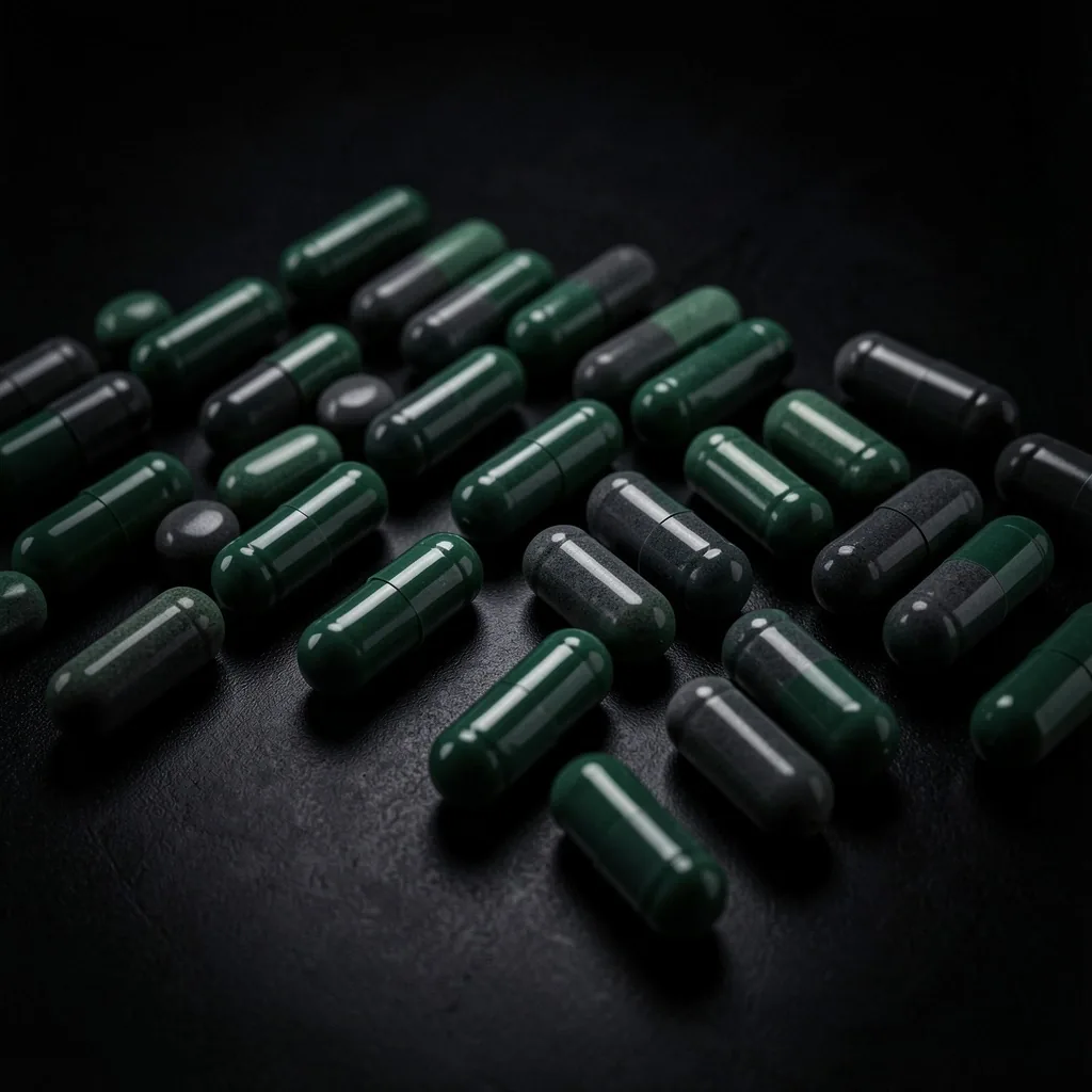 Dark supplement capsules arranged on a laboratory surface
