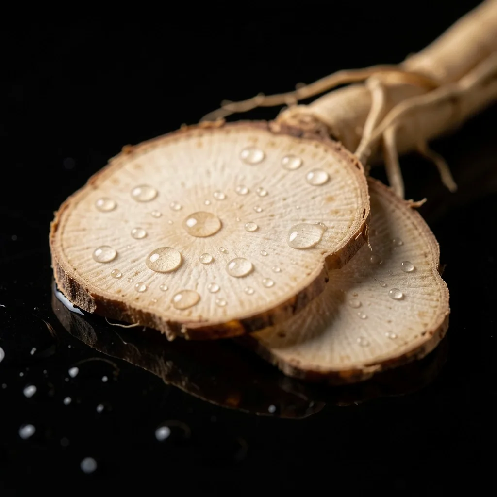 Ginseng root slices on a dark surface