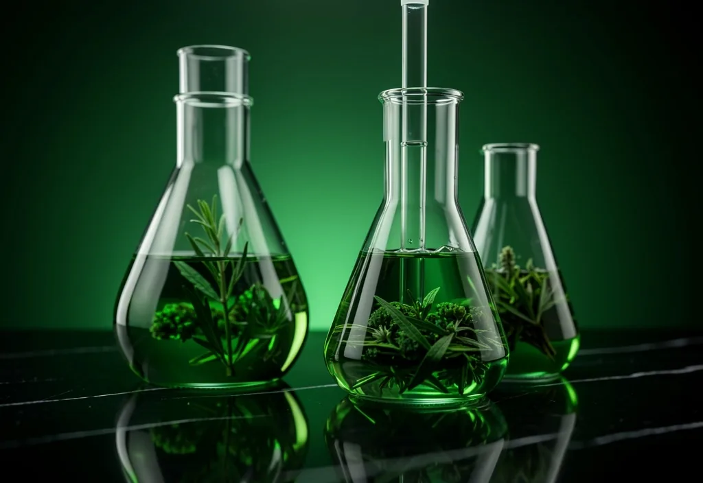 Laboratory glassware with botanical extract on a workbench