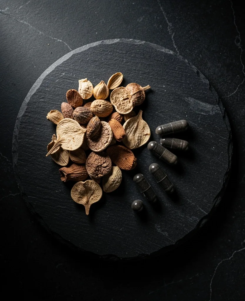 Botanical ingredients and supplement capsules on a dark surface