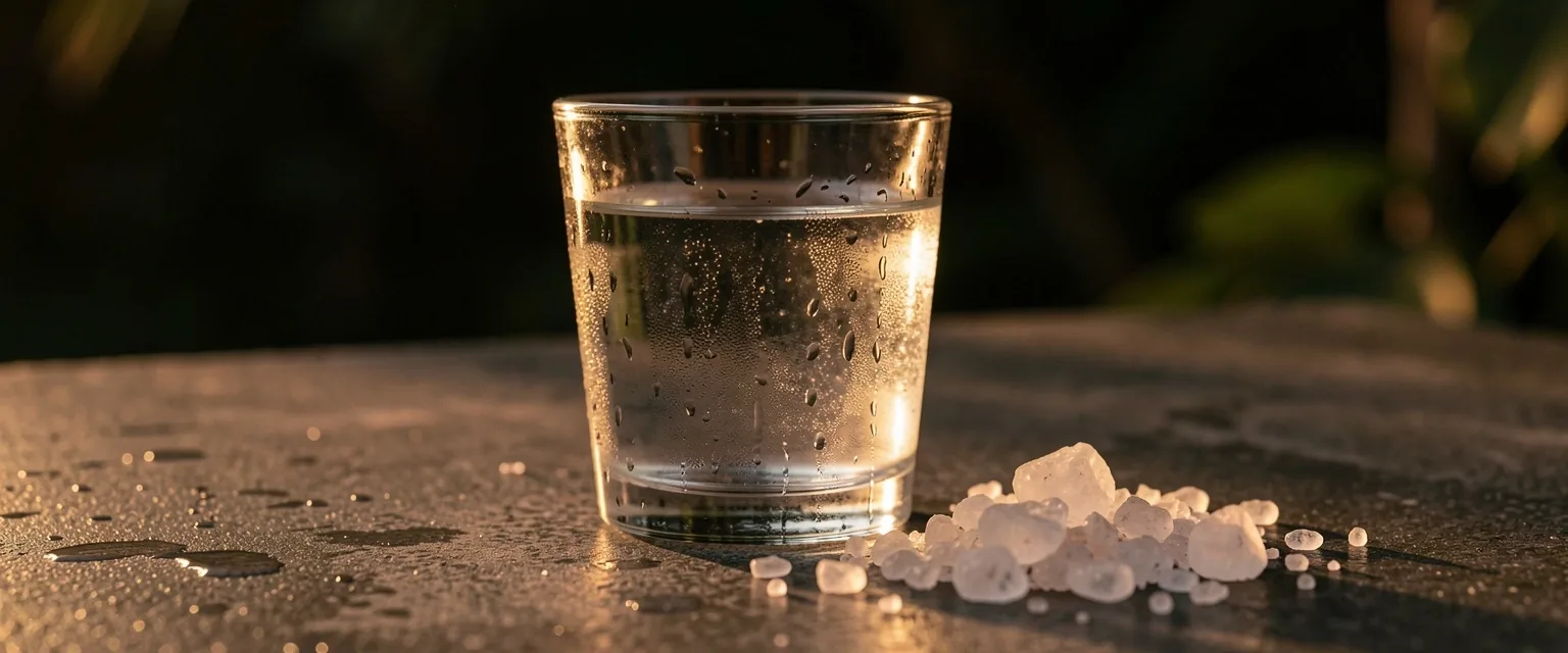 Glass of water with mineral salts on a dark surface