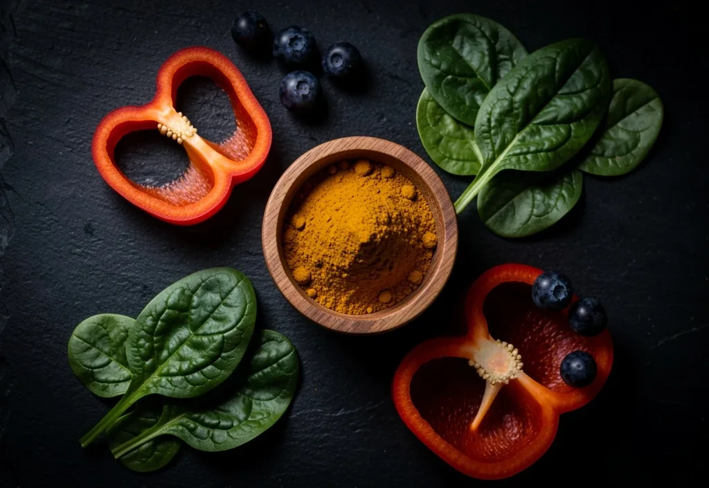Green tea leaves and turmeric root on a dark surface