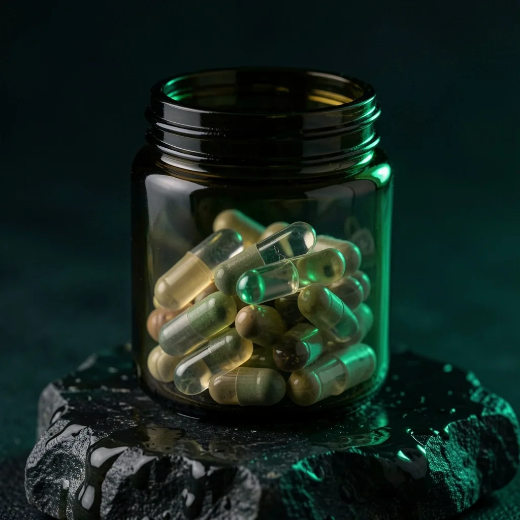 Dark glass supplement bottle with capsules on a stone surface
