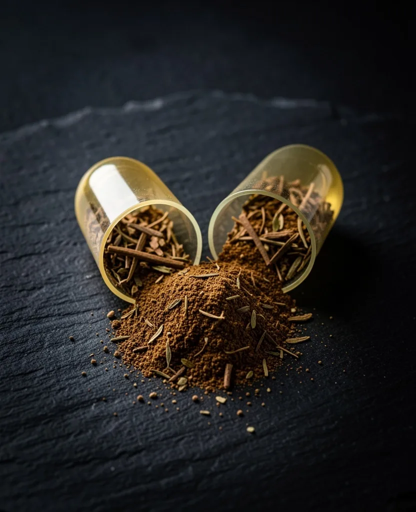 Natural supplement capsules arranged on a dark surface